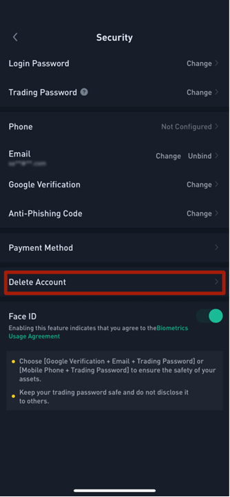 how to delete kucoin account